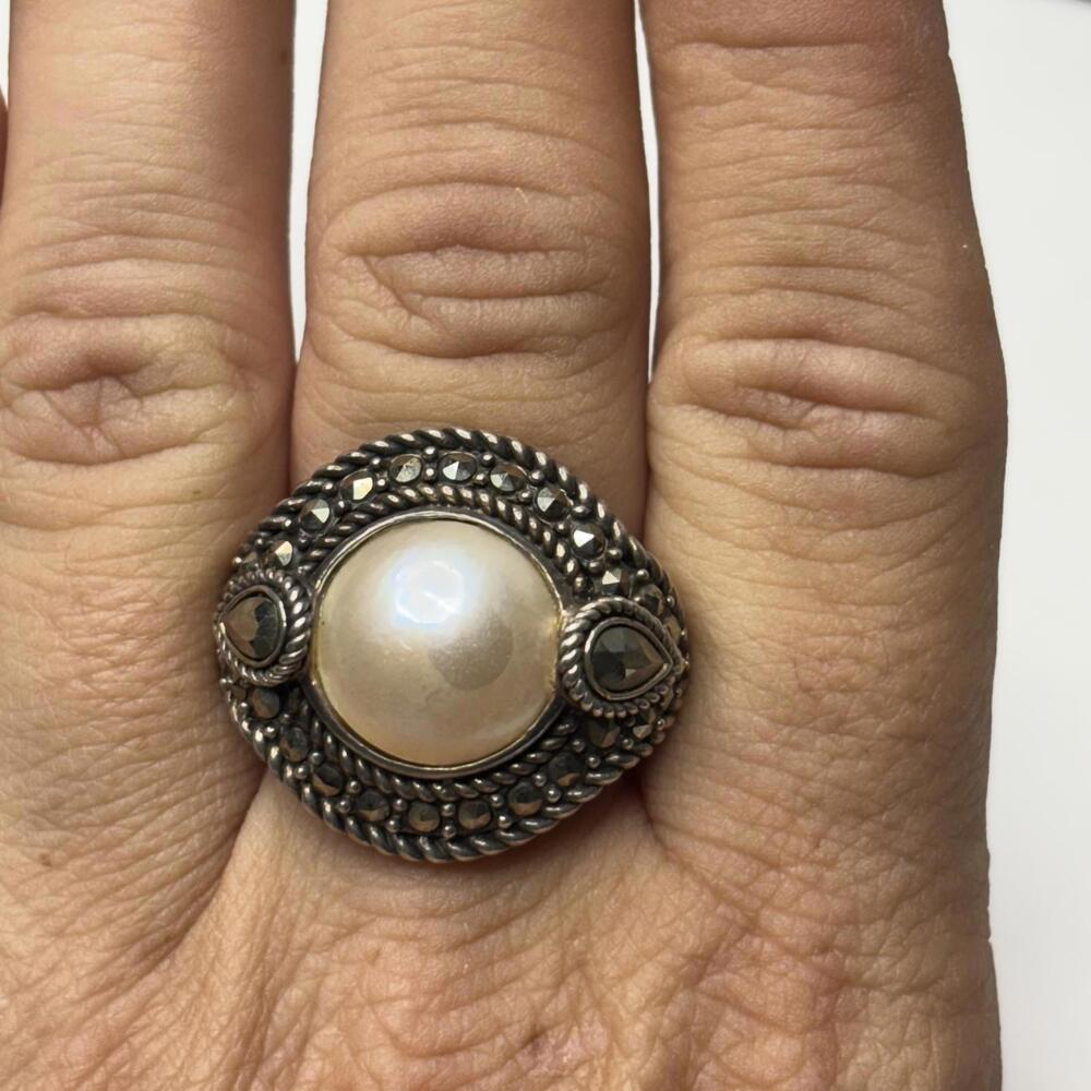 Vtg 90s sterling mother of pearl & Marcasite ring size 7 - Picture 5 of 6